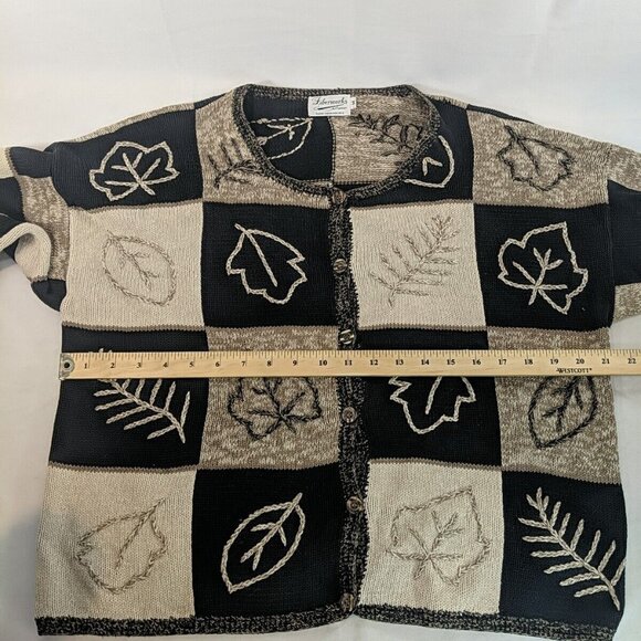 Fiberworks Hand Embroidered Brown Leaves Knit Cardigan Sweater Button M Black - Picture 9 of 15